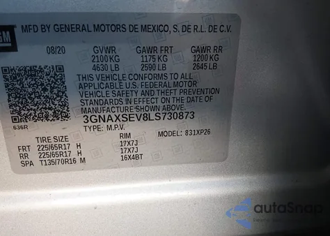 2020 Chevrolet Equinox Awd Ls z USA, uszkodzony, nr VIN 3GNAXSEV8LS730873